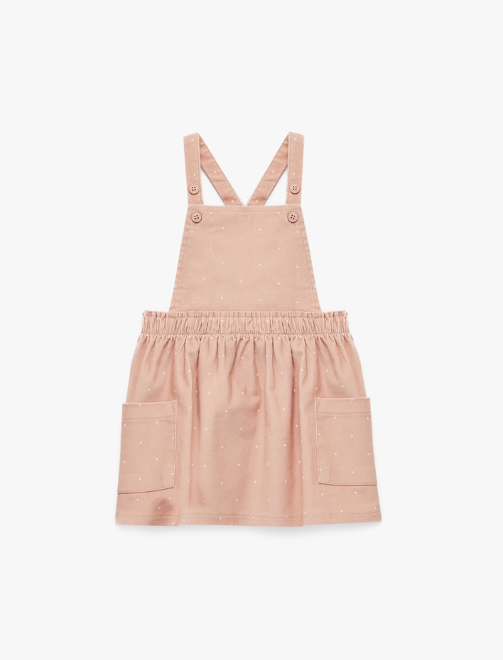 Kız Bebek Pamuklu Kare Yaka Çapraz Askılı Cep Detaylı Puantiyeli Mini Elbise