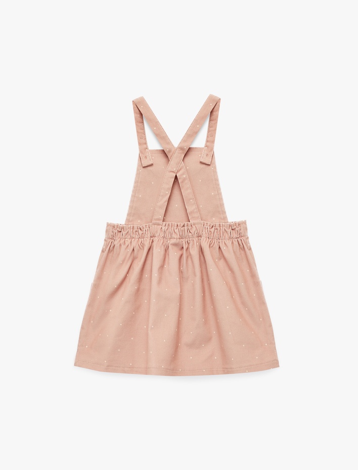 Kız Bebek Pamuklu Kare Yaka Çapraz Askılı Cep Detaylı Puantiyeli Mini Elbise