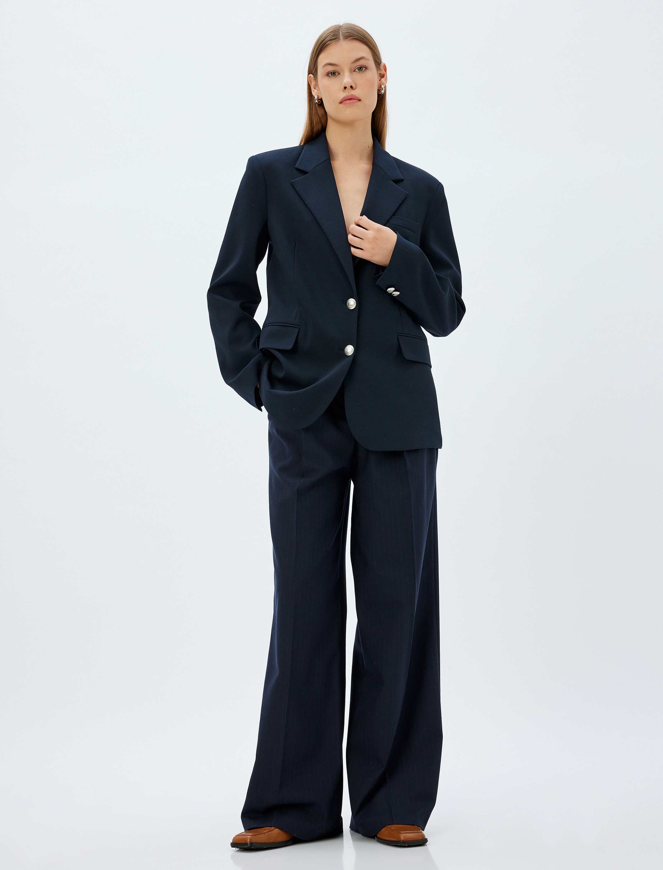   Pile Detaylı Cepli Yüksek Bel Geniş Paça Kumaş Pantolon