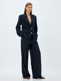 Pile Detaylı Cepli Yüksek Bel Geniş Paça Kumaş Pantolon