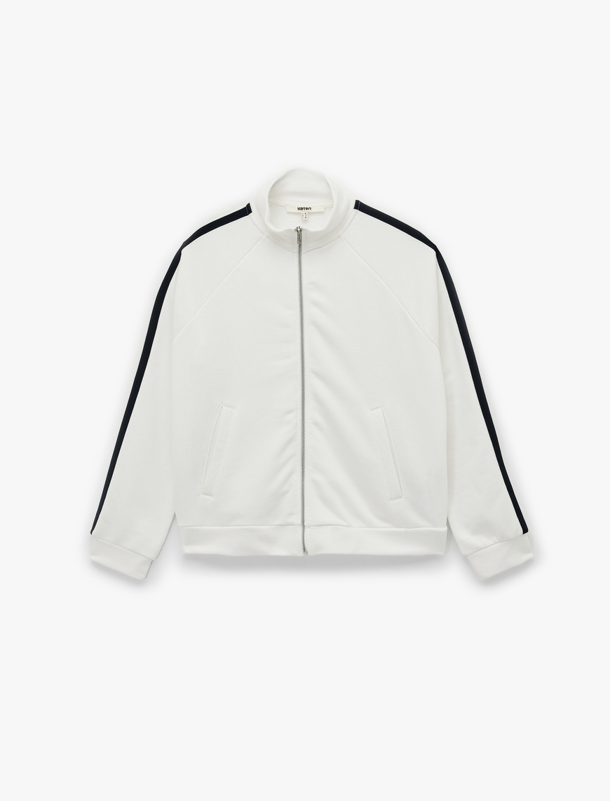   Üç İplik Şerit Detaylı Uzun Kollu Dik Yaka Fermuarlı Sweatshirt