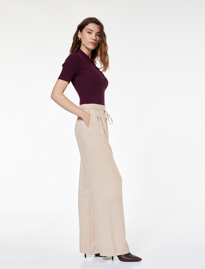  Beli Bağcıklı Pileli Düz Geniş Paça Palazzo Pantolon