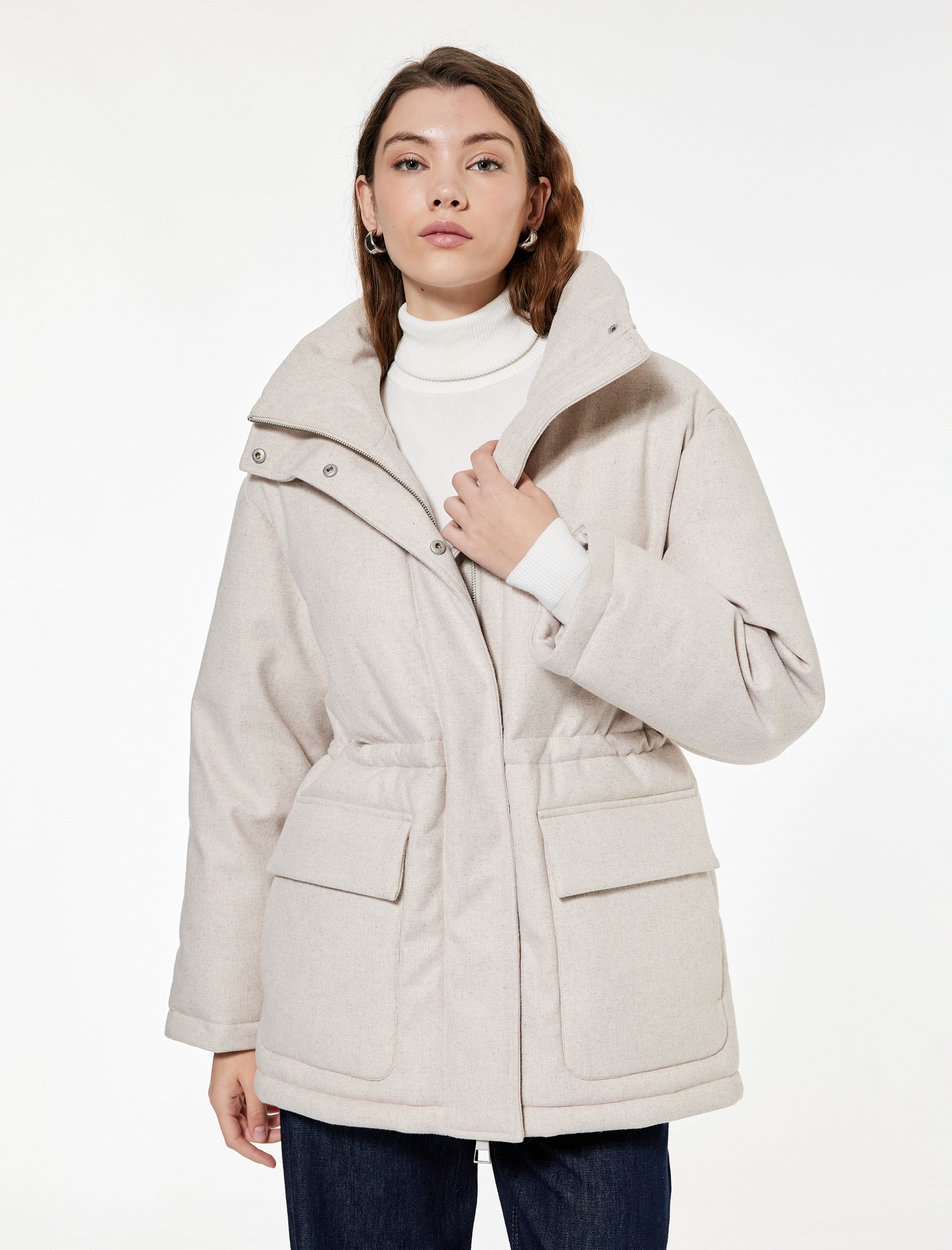   Koyun Yünü Karışımlı Cepli Dik Yaka Uzun Kollu Oversize Kaşe Mont