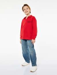 Cumhuriyet Baskılı Uzun Kollu Polo Yaka Şardonlu Sweatshirt