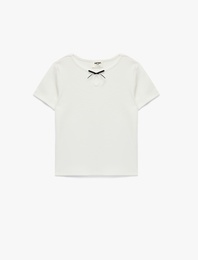 Kaşkorse Pamuklu Kısa Kollu Bisiklet Yaka Fiyonklu Tişört