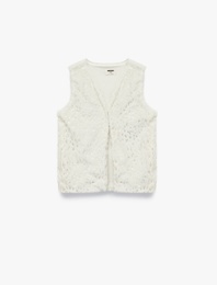 V Yaka Varak Baskılı Parıltılı Peluş Yelek