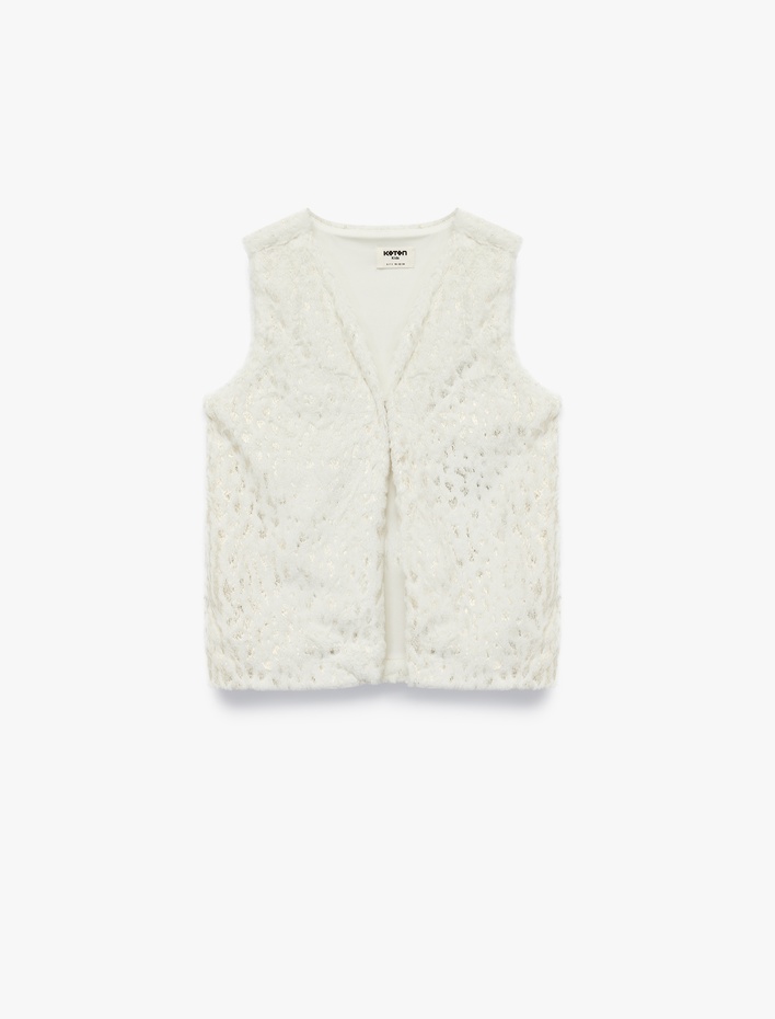 Kız Çocuk V Yaka Varak Baskılı Parıltılı Peluş Yelek