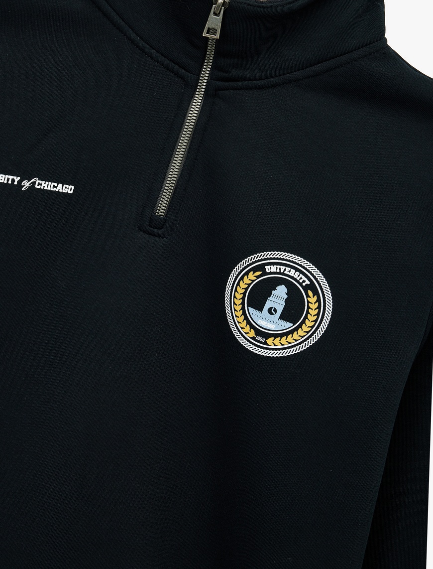   Uzun Kollu Şardonlu Baskılı Yarım Fermuarlı Sweatshirt