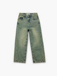 Pamuklu Cepli Rahat Kalıp Yıkamalı Denim Pantolon -  Wide Leg Jeans