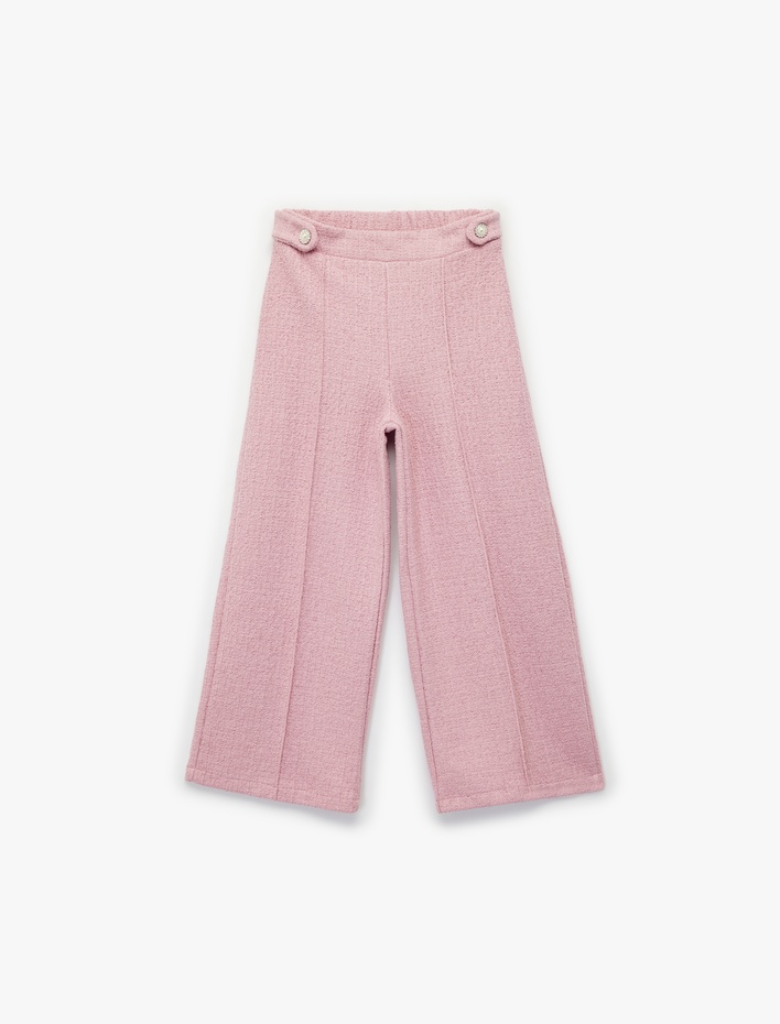 Kız Çocuk Düğme Aksesuar Detaylı Nervürlü Geniş Paça Tüvit Pantolon