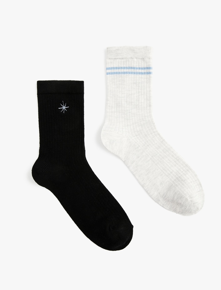 Kadın Pamuklu Soket İşlemeli 2'li Çorap Seti