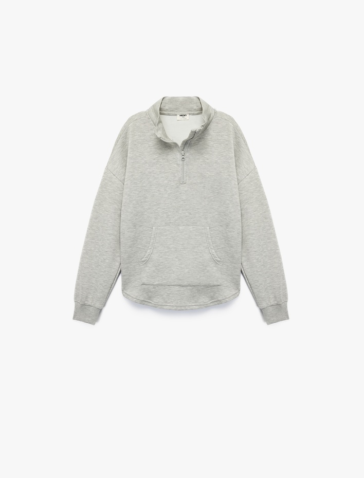 Kız Çocuk Cepli Uzun Kollu Yarı Fermuarlı Oversize Sweatshirt