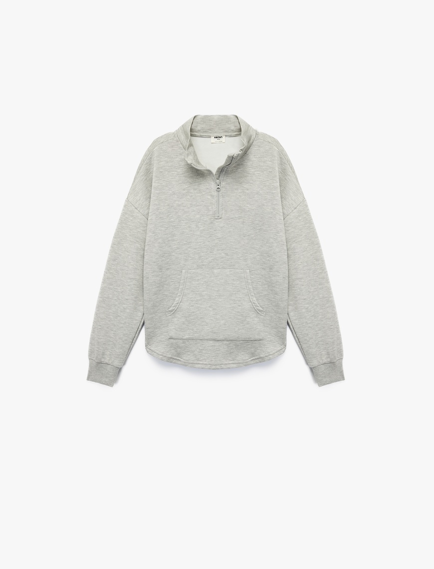  Kız Çocuk Cepli Uzun Kollu Yarı Fermuarlı Oversize Sweatshirt