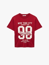 Kısa Kollu Bisiklet Yaka Pamuklu Oversize Kolej Baskılı Tişört