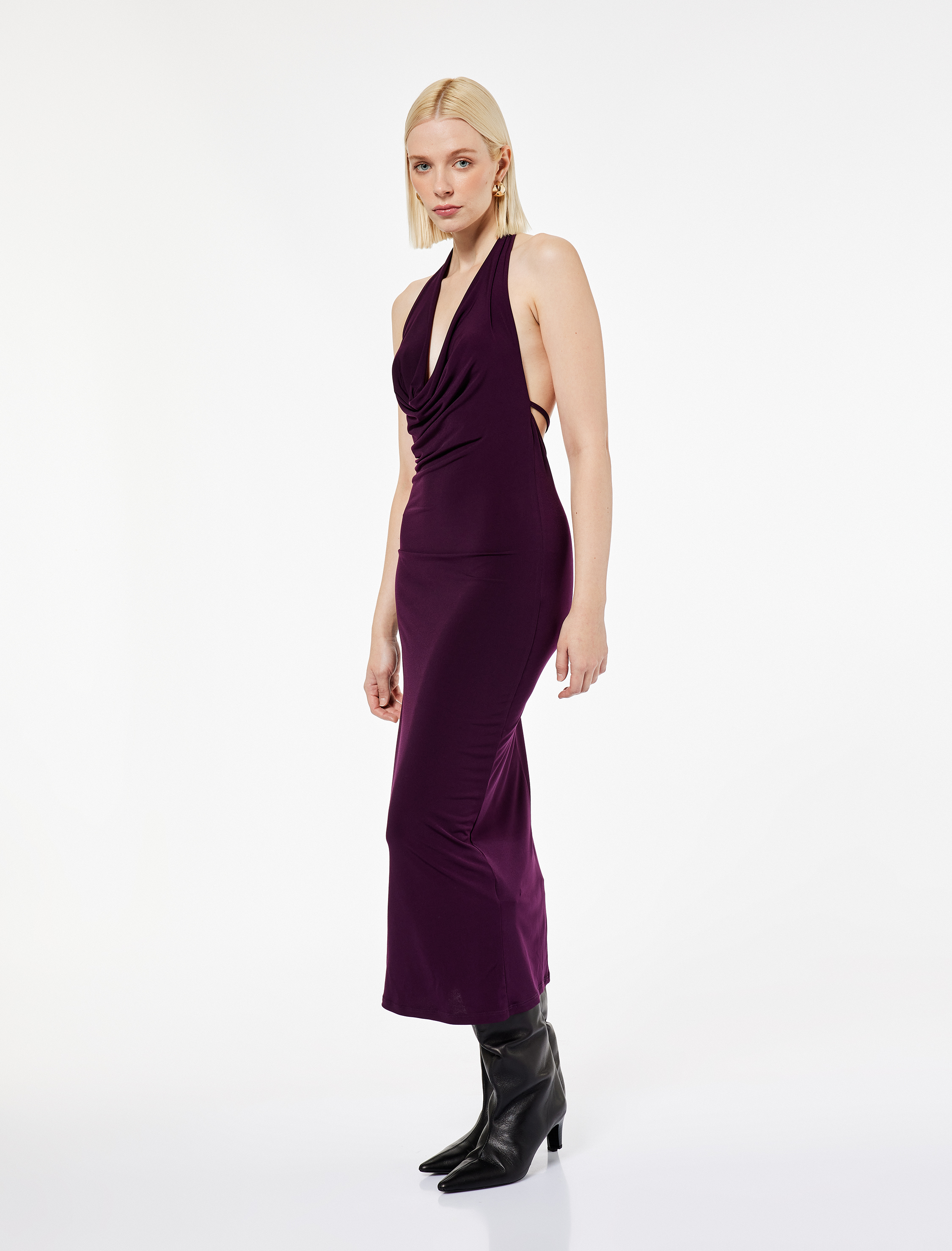   Sandy Kumaş Midi Boy Kolsuz Sırt Dekolteli Degaje Yaka Elbise