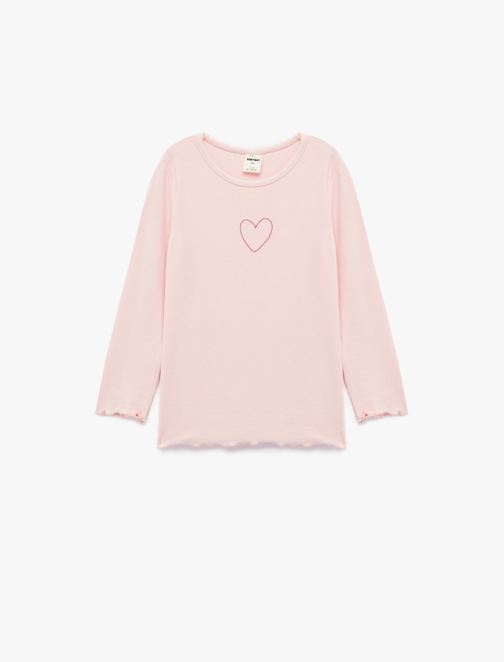 Kız Bebek Pamuklu Uzun Kollu Kaşkorse Kalp İşlemeli Bisiklet Yaka Tişört