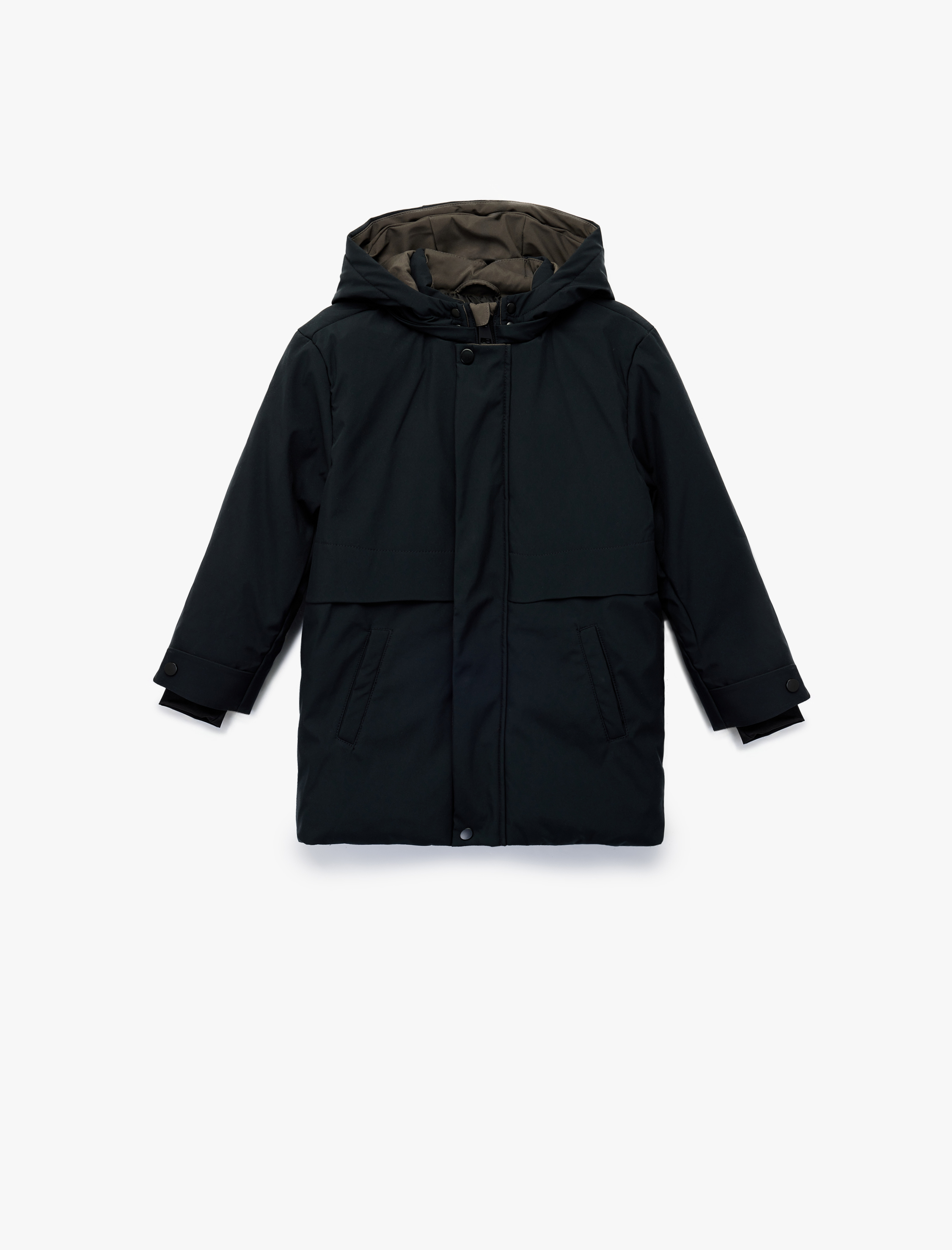  Erkek Çocuk Uzun Kollu Çıtçıt Detaylı Cepli Slim Fit Kapşonlu Mont