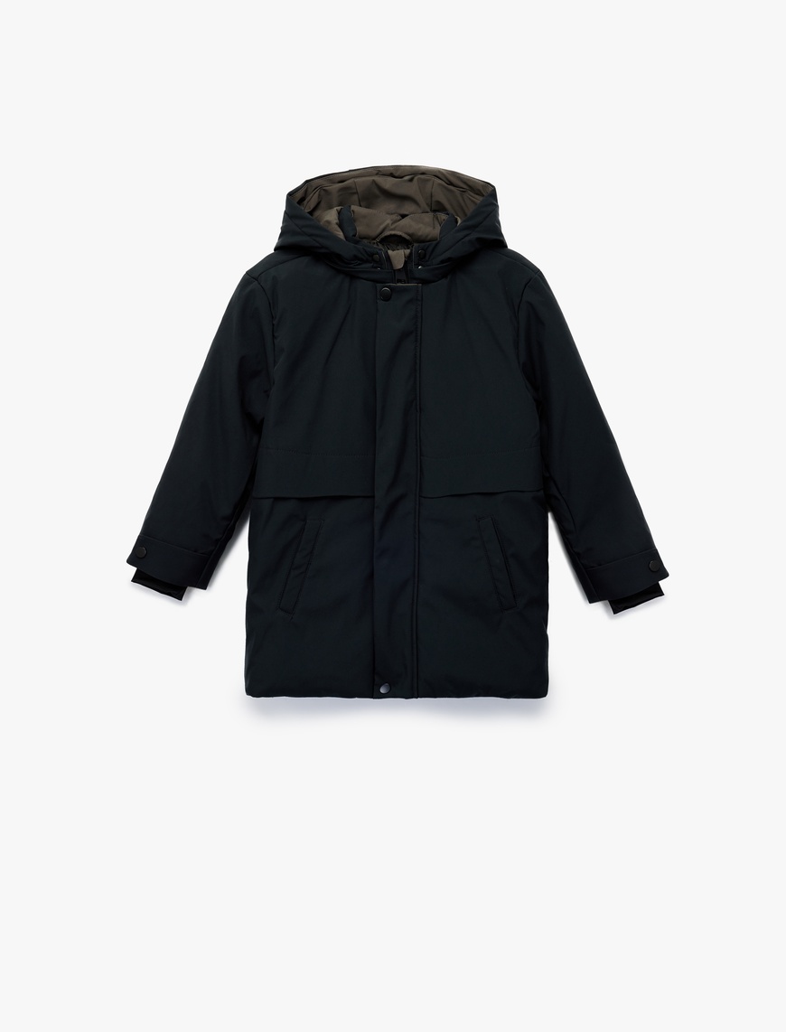 Koton Uzun Kollu Çıtçıt Detaylı Cepli Slim Fit Kapşonlu Mont