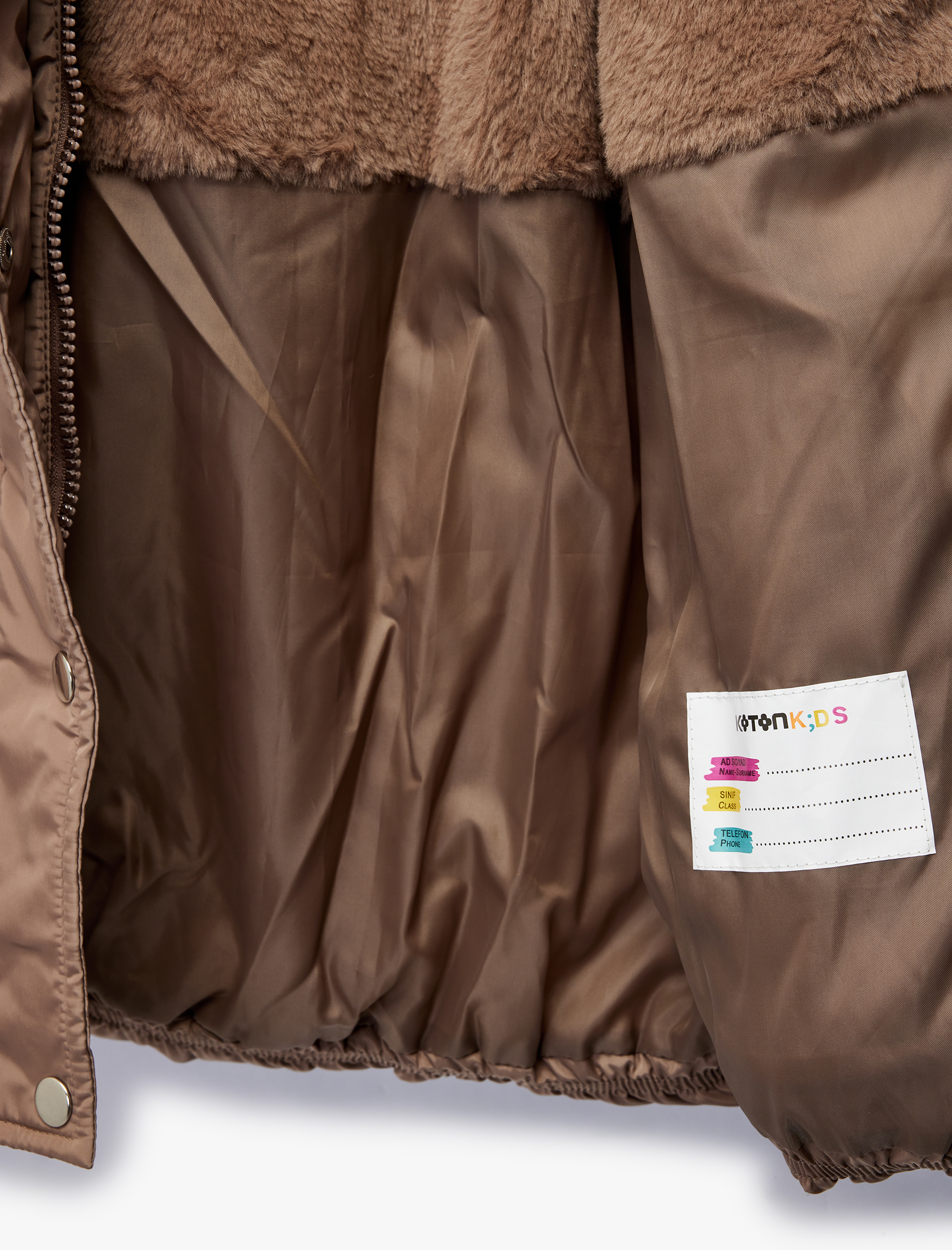  Kız Çocuk Uzun Kollu Peluş Detaylı Kapşonlu Fermuarlı Şişme Mont