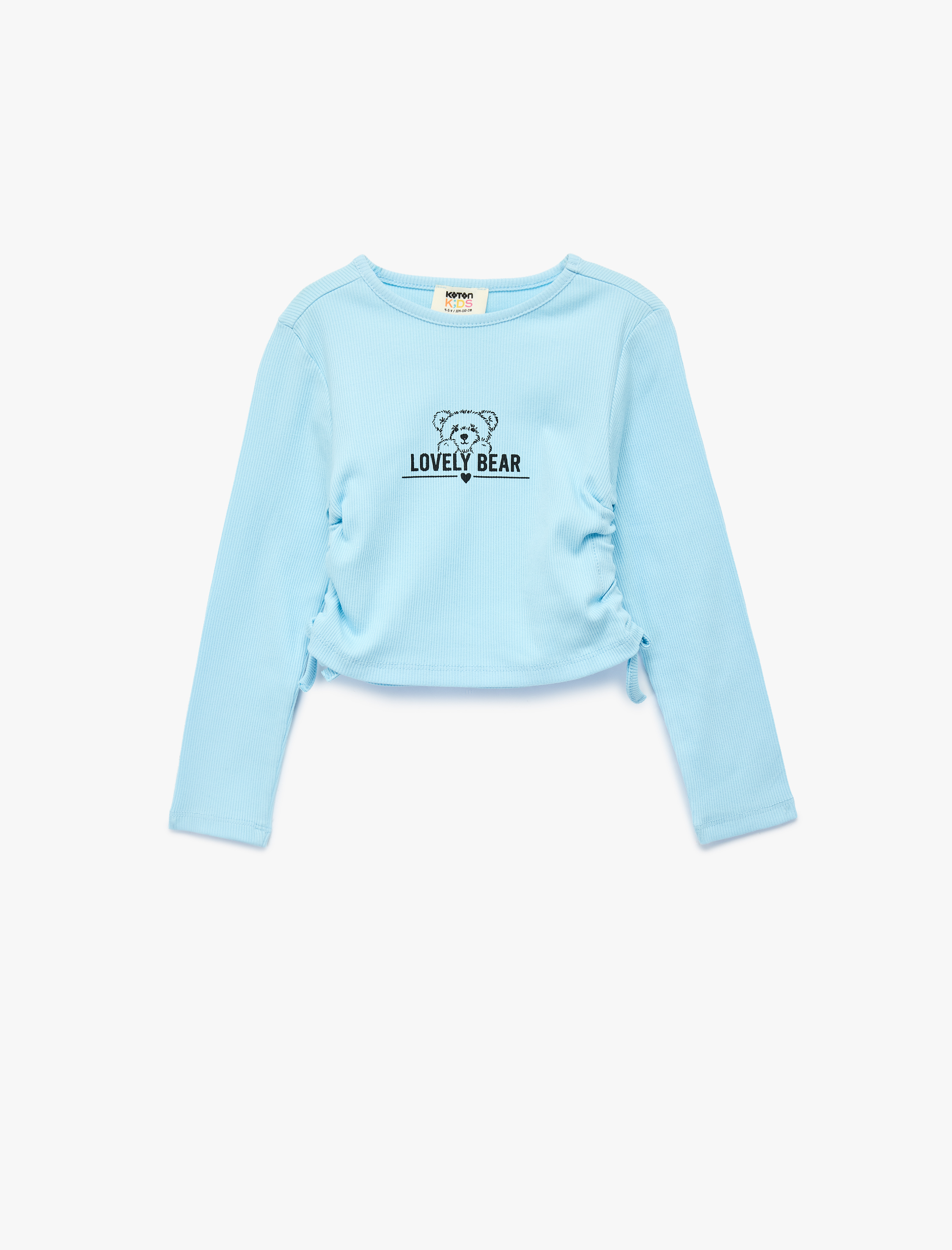  Kız Çocuk Ayıcık Baskılı Büzgü Detaylı Pamuklu Uzun Kollu Tişört