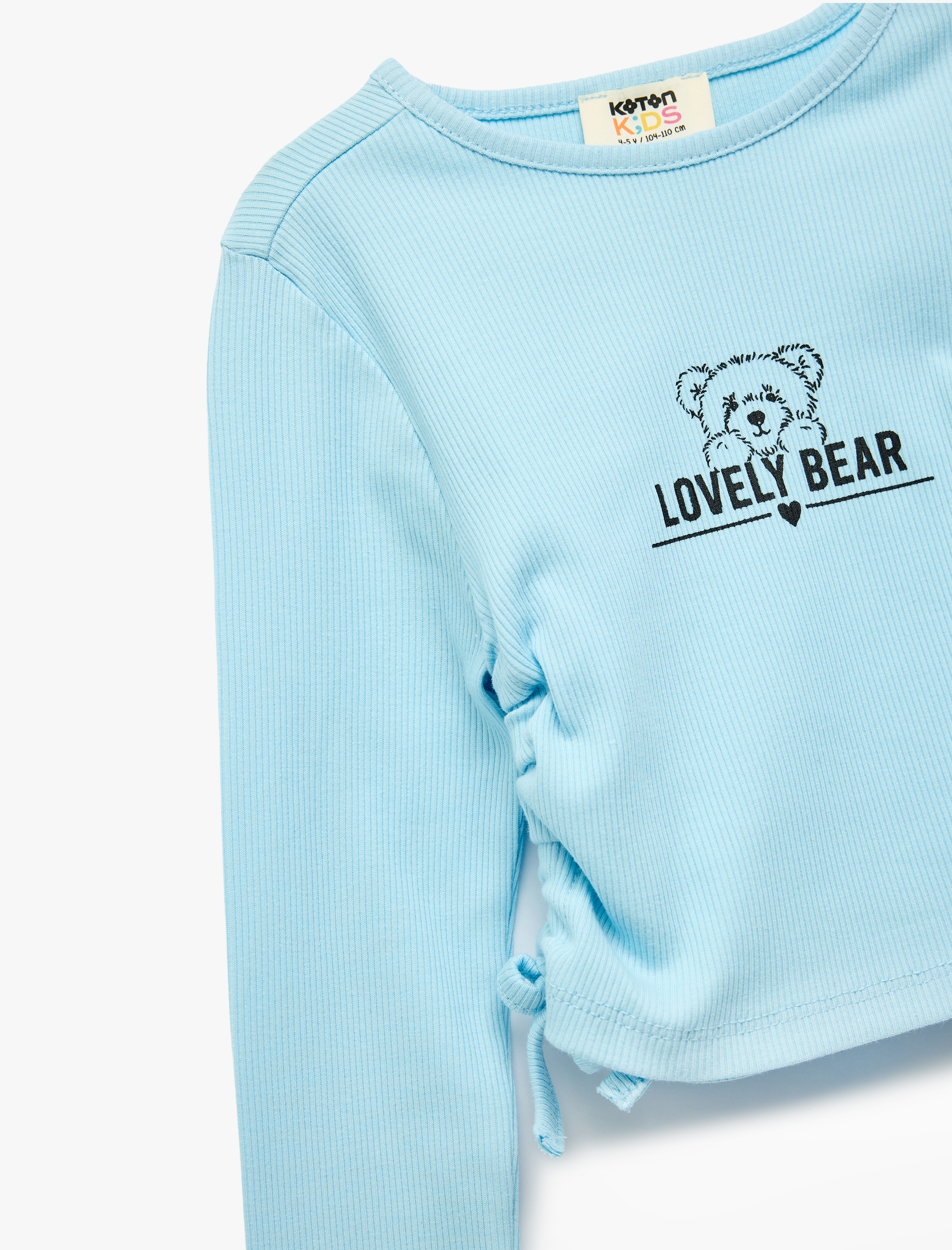  Kız Çocuk Ayıcık Baskılı Büzgü Detaylı Pamuklu Uzun Kollu Tişört