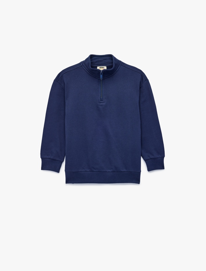 Erkek Çocuk Dik Yaka Uzun Kollu Yarım Fermuarlı Pamuklu Basic Sweatshirt