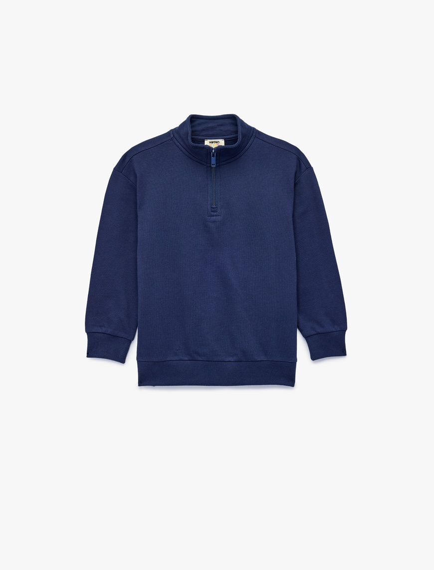 Koton Dik Yaka Uzun Kollu Yarım Fermuarlı Pamuklu Basic Şardonlu Sweatshirt