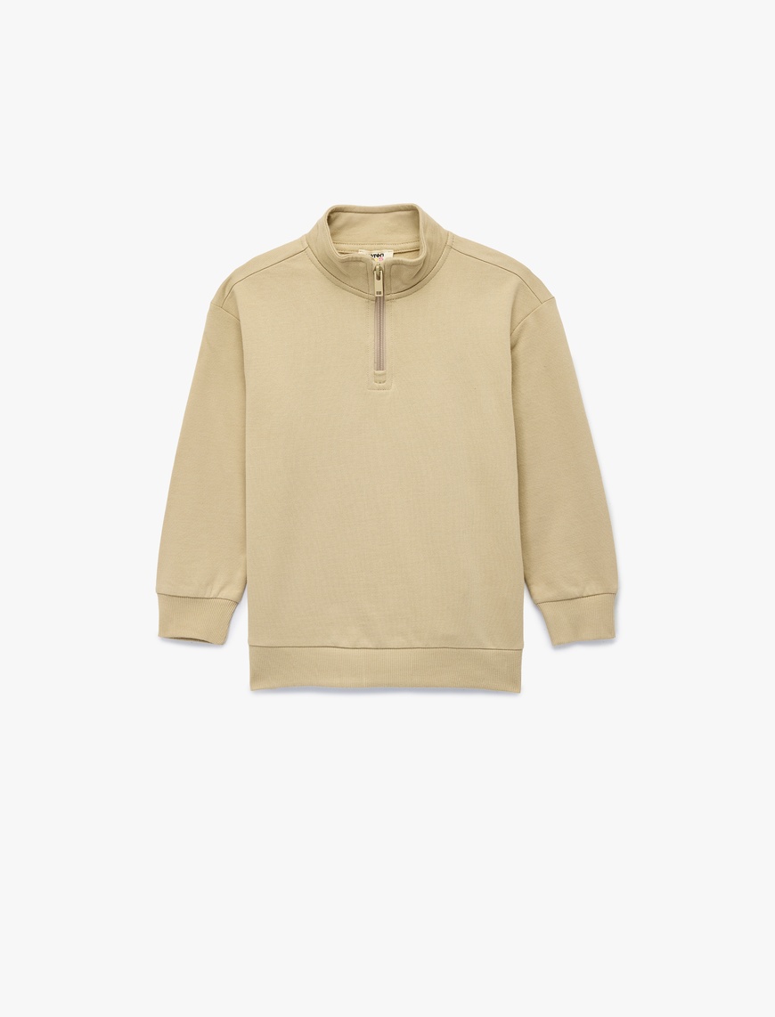 Koton Dik Yaka Uzun Kollu Yarım Fermuarlı Pamuklu Basic Şardonlu Sweatshirt
