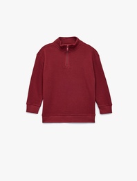 Dik Yaka Uzun Kollu Yarım Fermuarlı Pamuklu Sweatshirt