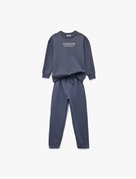 Baskılı Uzun Kollu Bisiklet Yaka Şardonlu Eşofman Takımı