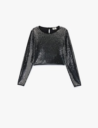 Uzun Kollu Bisiklet Yaka Parlak Bluz