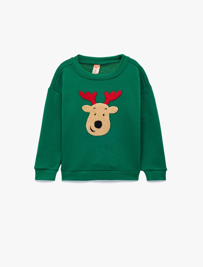 Erkek Bebek Geyik Nakışlı Uzun Kollu Bisiklet Yaka Sweatshirt