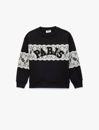 Uzun Kollu Bisiklet Yaka İşlemeli Sweatshirt