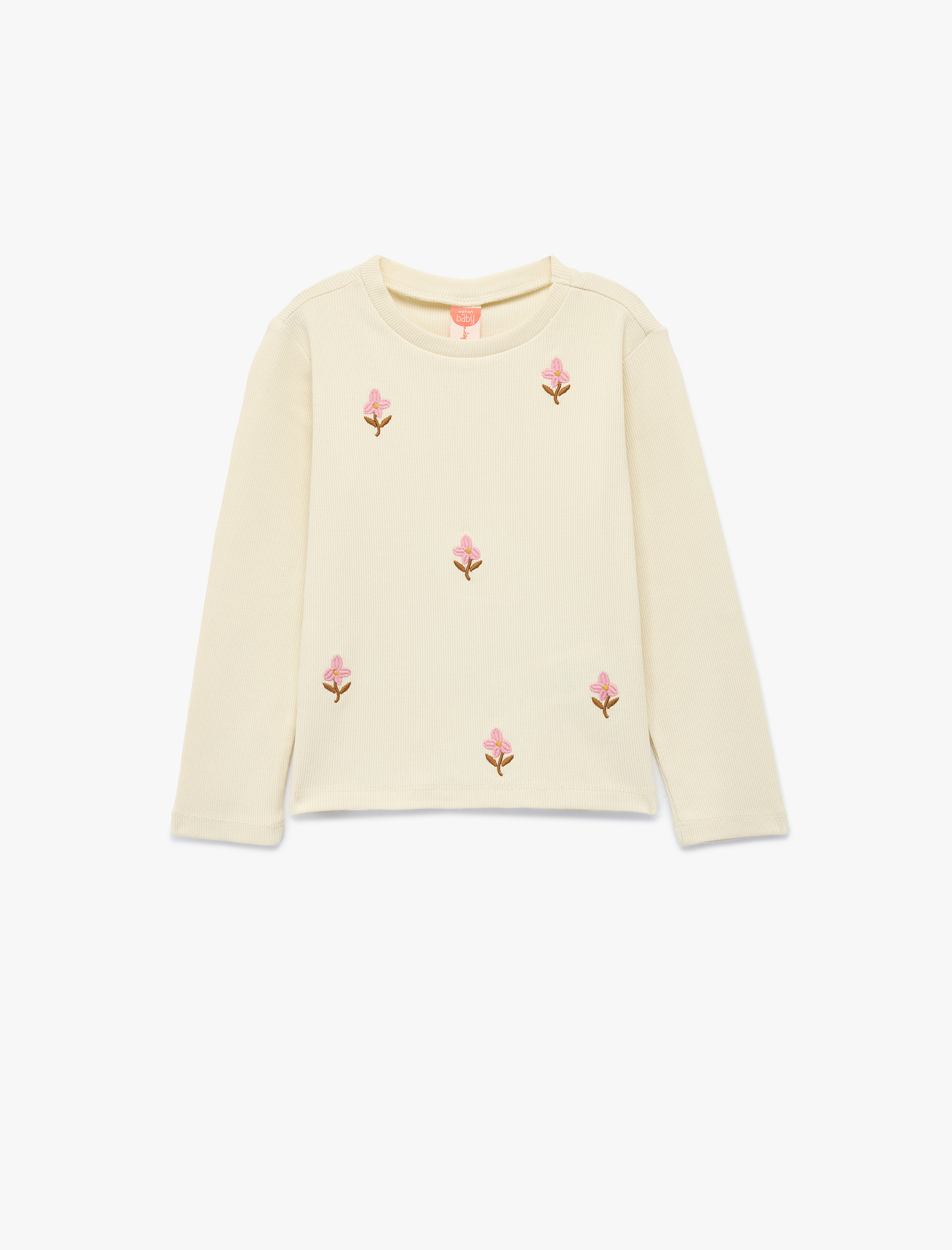  Kız Bebek Pamuklu Uzun Kollu Bisiklet Yaka Çiçekli Nakış Detaylı Tişört