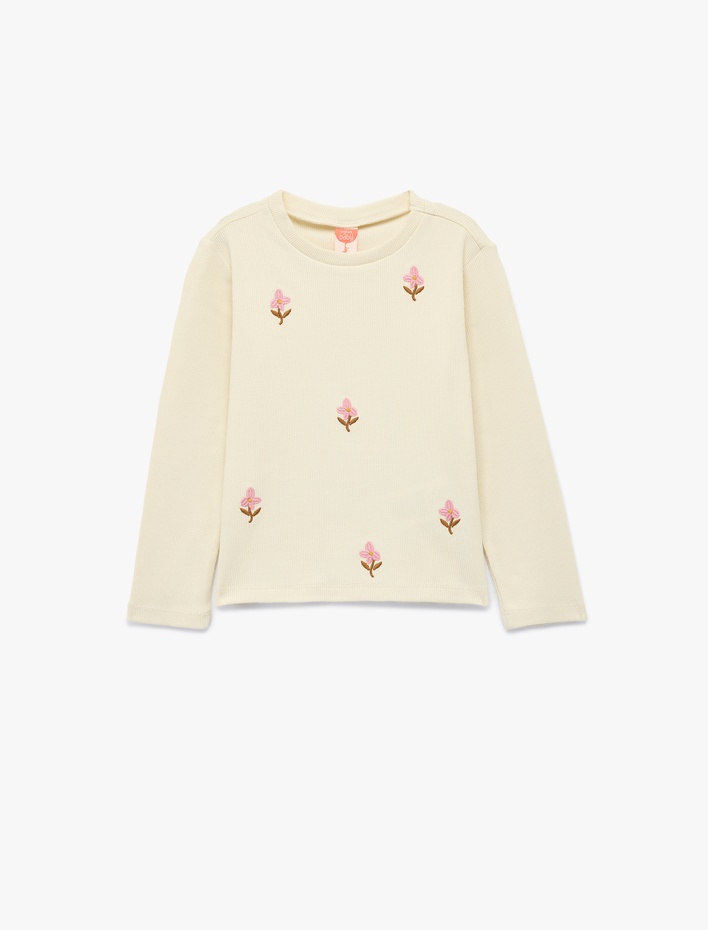 Kız Bebek Pamuklu Uzun Kollu Bisiklet Yaka Çiçekli Nakış Detaylı Tişört