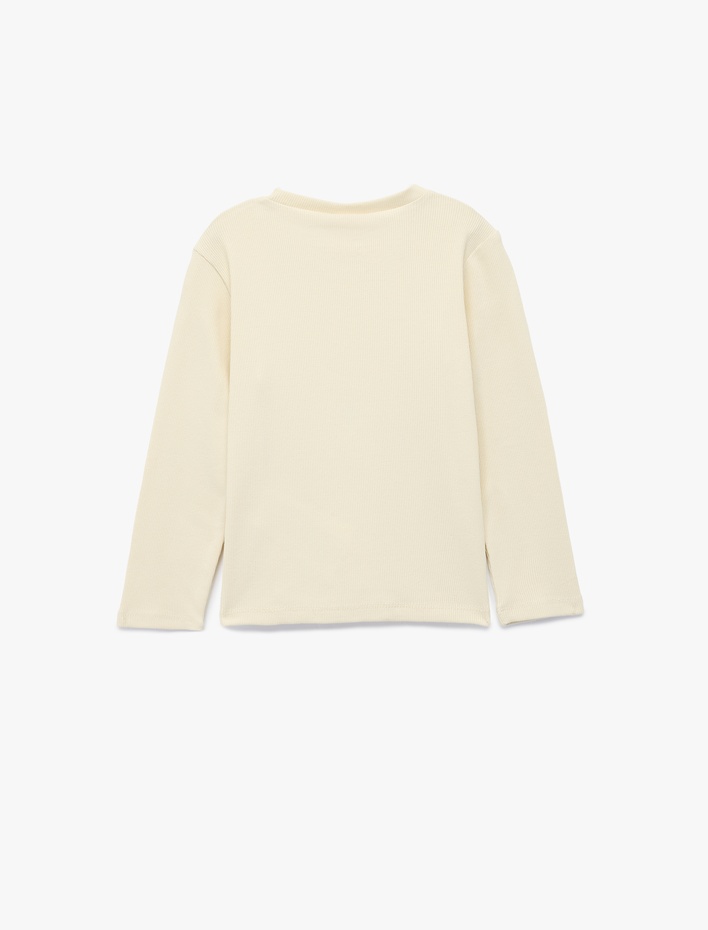 Kız Bebek Pamuklu Uzun Kollu Bisiklet Yaka Çiçekli Nakış Detaylı Tişört