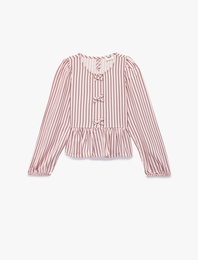 Uzun Kollu Bisiklet Yaka Fiyonk Detaylı Viskon Çizgili Bluz