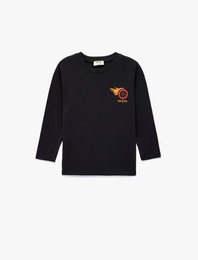 Pamuklu Uzun Kollu Bisiklet Yaka Baskılı Tişört