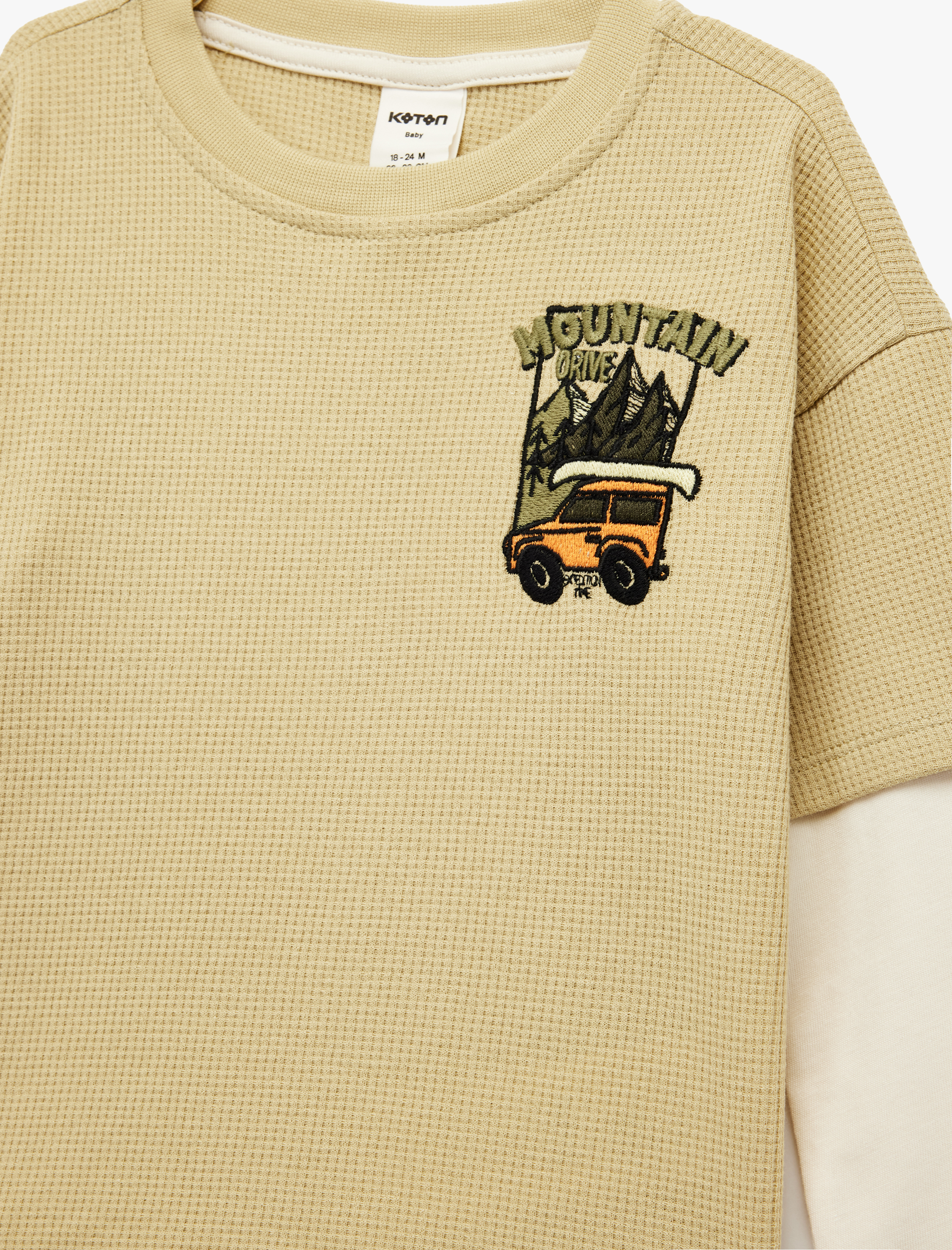  Erkek Bebek Nakış Detaylı Uzun Kollu Bisiklet Yaka Pamuklu Oversize Tişört