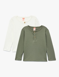 Düğmeli Uzun Kollu Bisiklet Yaka 2'li Basic Tişört Seti