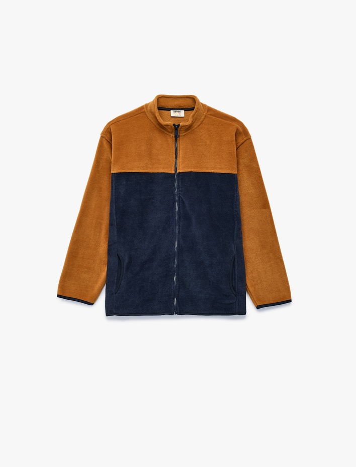 Erkek Çocuk Dik Yaka Uzun Kollu Renk Bloklu Fermuarlı Polar Sweatshirt