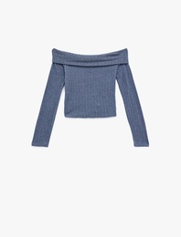 Slim Fit Uzun Kollu Saç Örgü Dokulu Omzu Açık Bluz
