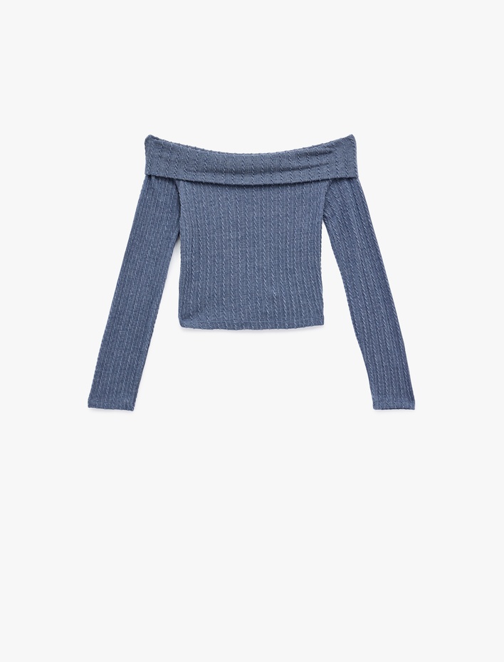  Slim Fit Uzun Kollu Saç Örgü Dokulu Omzu Açık Bluz
