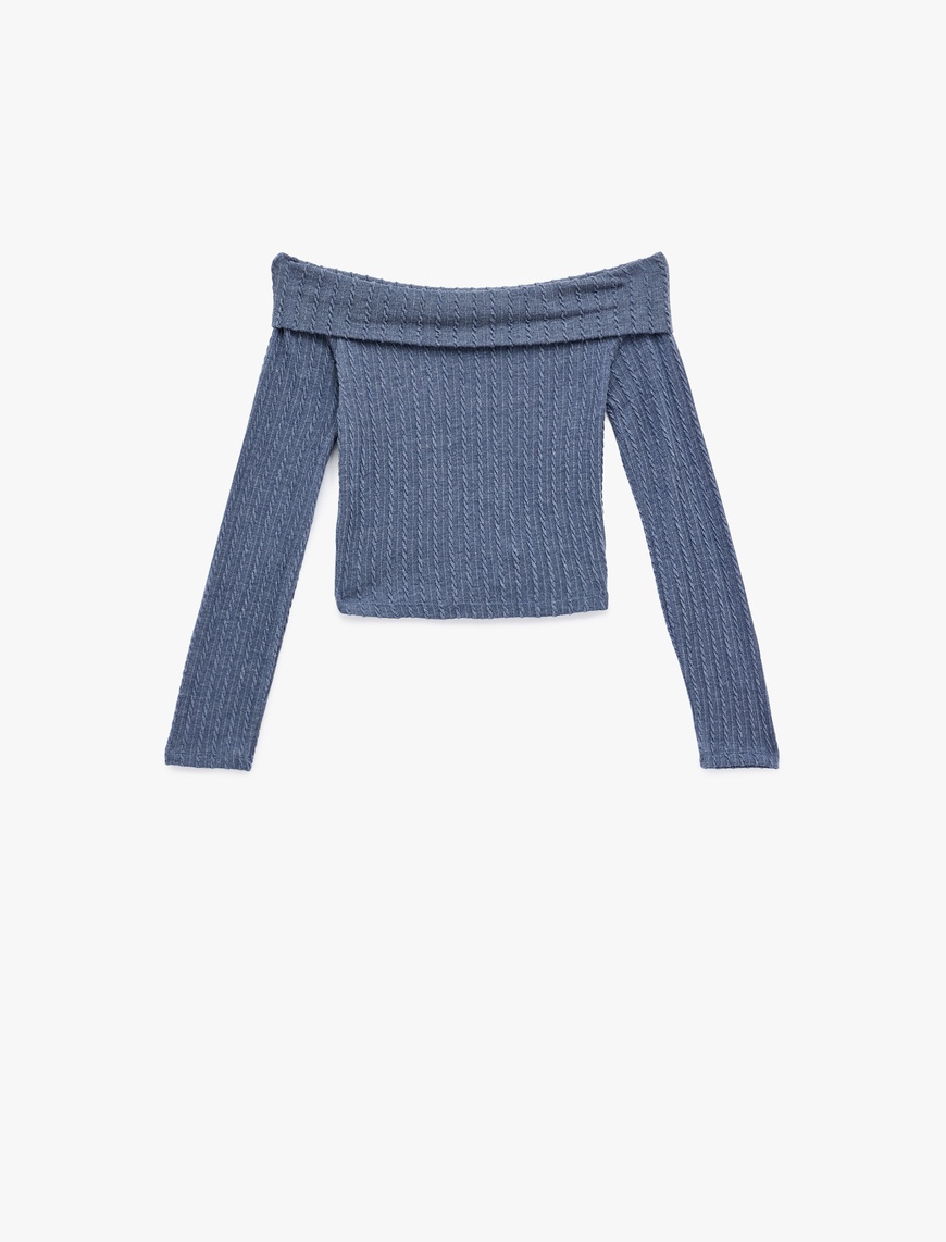   Slim Fit Uzun Kollu Saç Örgü Dokulu Omzu Açık Bluz