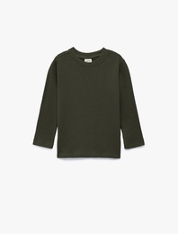 Pamuklu Uzun Kollu Bisiklet Yaka Dokulu Basic Tişört