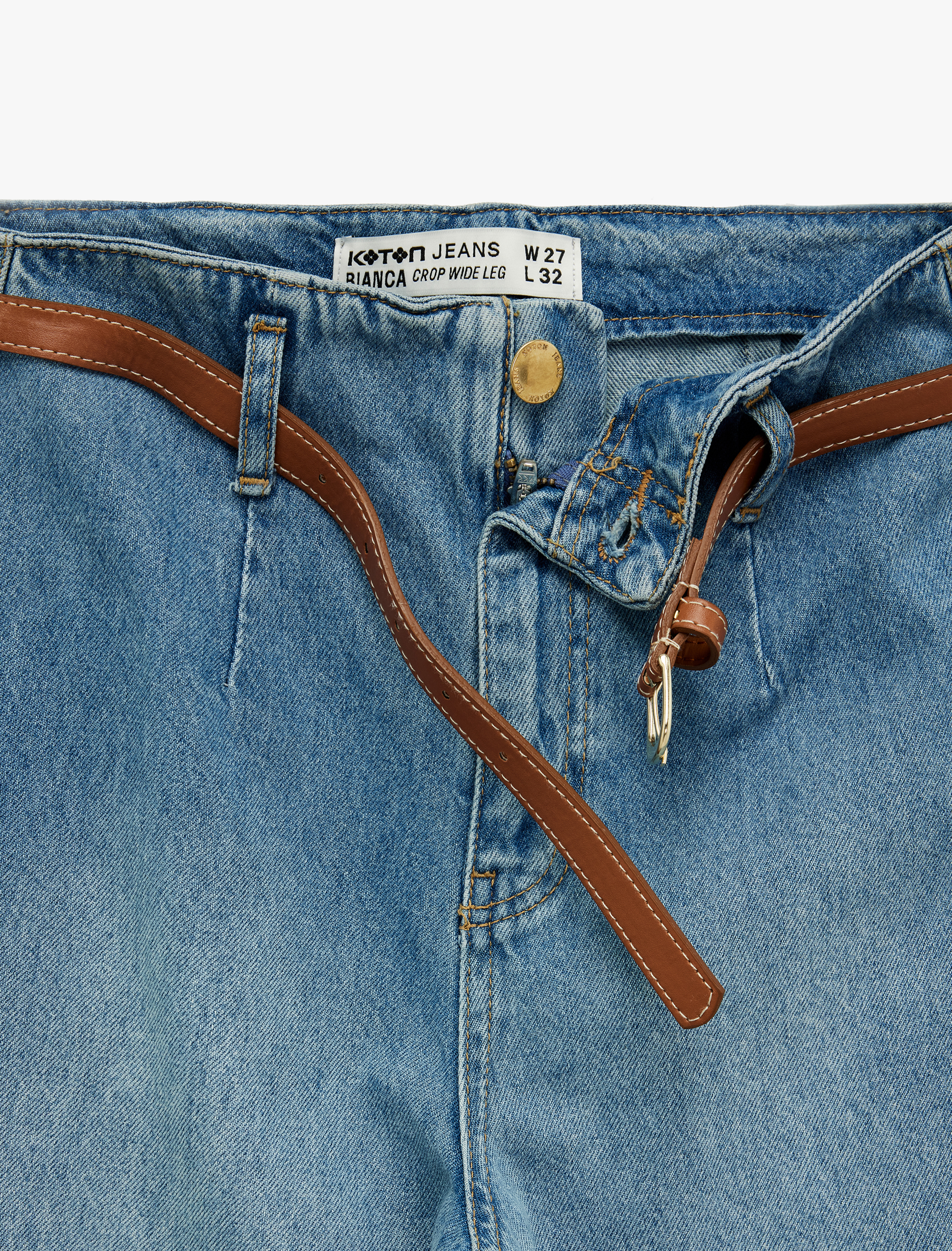   Yüksek Bel Pamuklu Kemer Detaylı Cepli Kısa Geniş Paça Jean Pantolon - Wide Leg Jeans