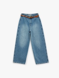 Yüksek Bel Pamuklu Kemer Detaylı Cepli Kısa Geniş Paça Jean Pantolon - Wide Leg Jeans