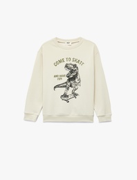 Dinozor Baskılı Uzun Kollu Bisiklet Yaka Sweatshirt