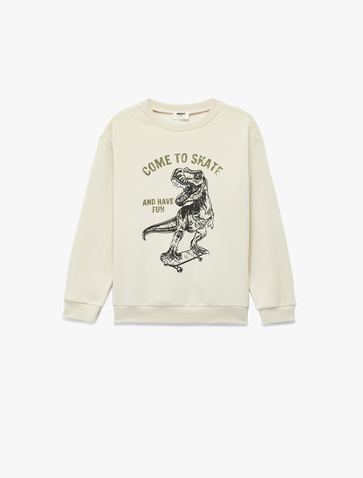 Erkek Çocuk Dinozor Baskılı Uzun Kollu Bisiklet Yaka Sweatshirt
