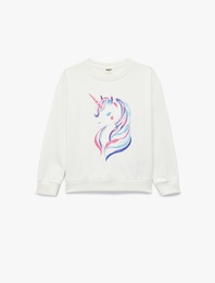 Uzun Kollu Bisiklet Yaka Unicorn Baskılı Pamuklu Şardonlu Sweatshirt